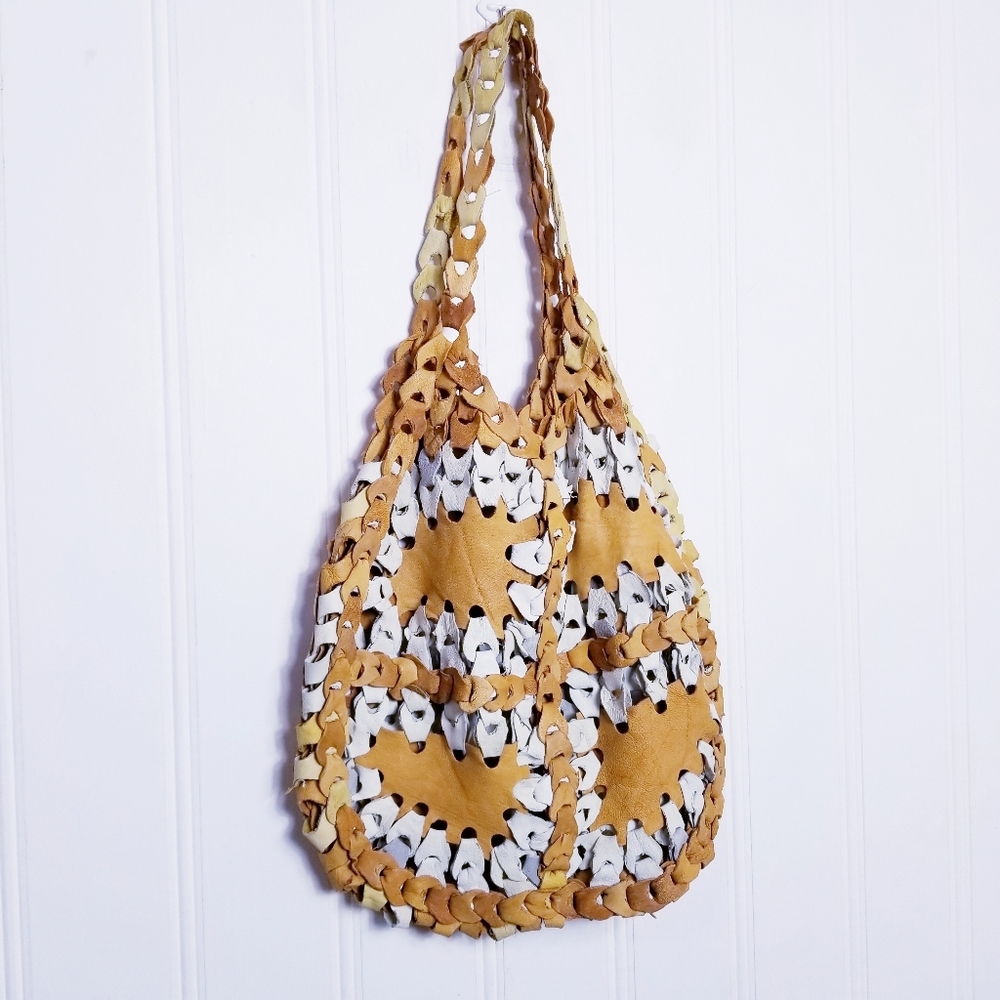 Two Tone Leather Hobo Bag OS Braided Interlocking Boho 70s Cognac White Shoulder